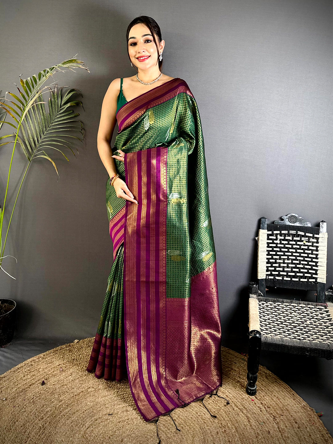Green Golden Chex Katan Silk Saree