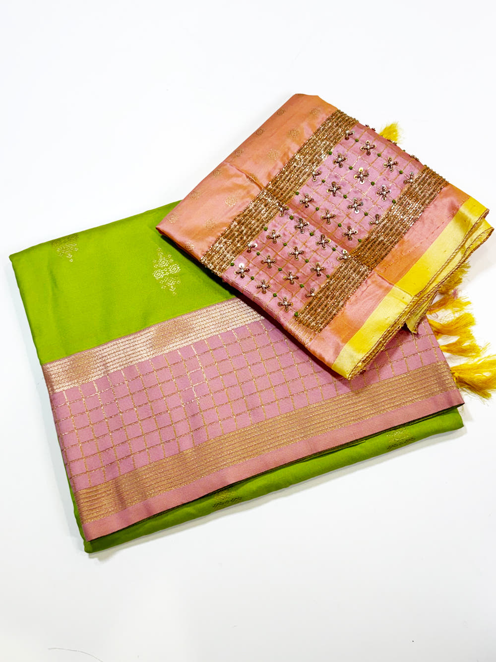 Green Kolam Zari Butta Soft Silk Saree With Maggam Blouse