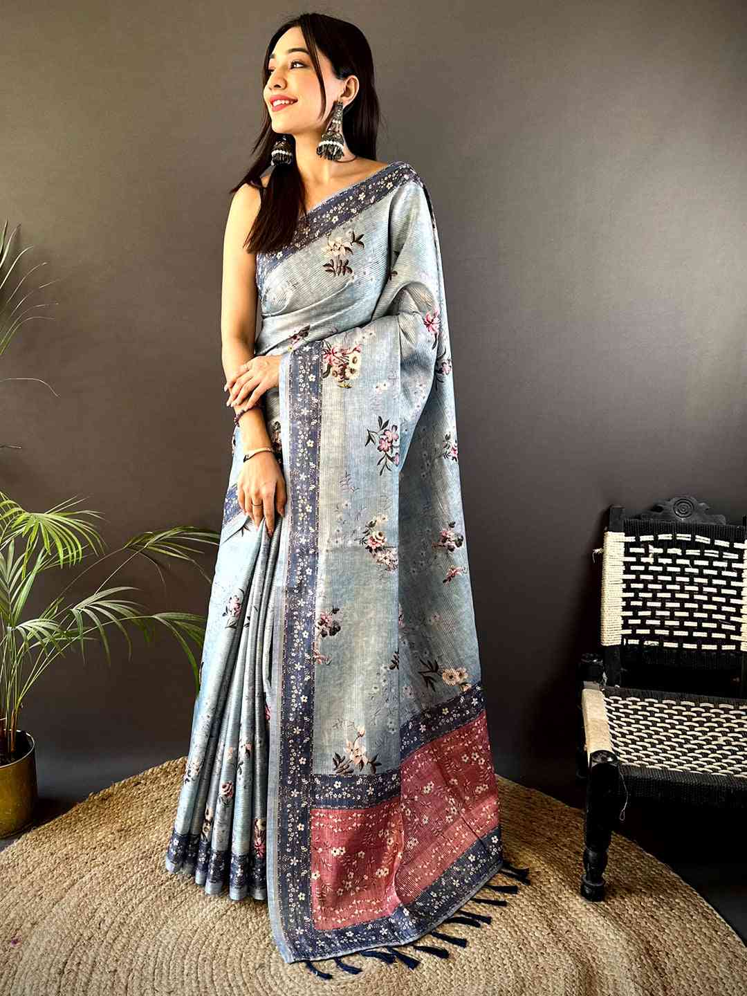 Pastel Blue Zari Tussar Floral Print Saree