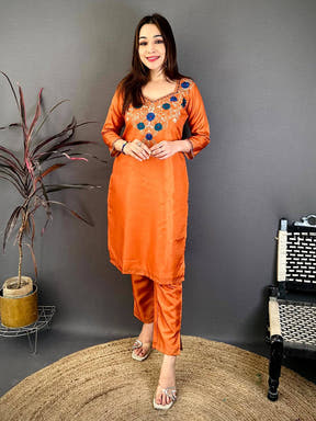 Rust Orange Ari Work Cotton Zari Kurti