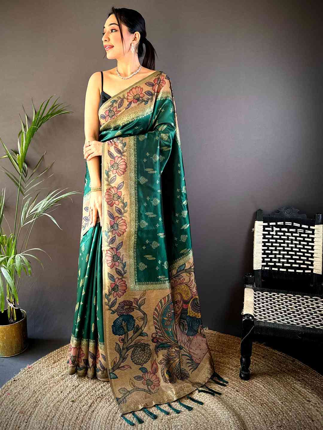 Green Soft Silk Kalamkari Printed Pallu Saree
