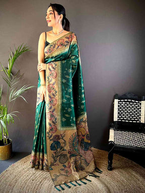 Green Soft Silk Kalamkari Printed Pallu Saree