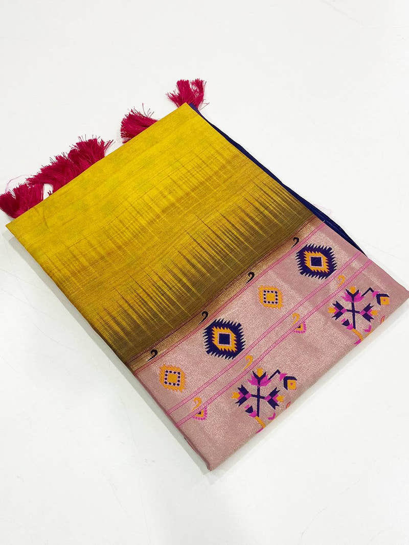 Mustard Geometric Floral Pallu Saree