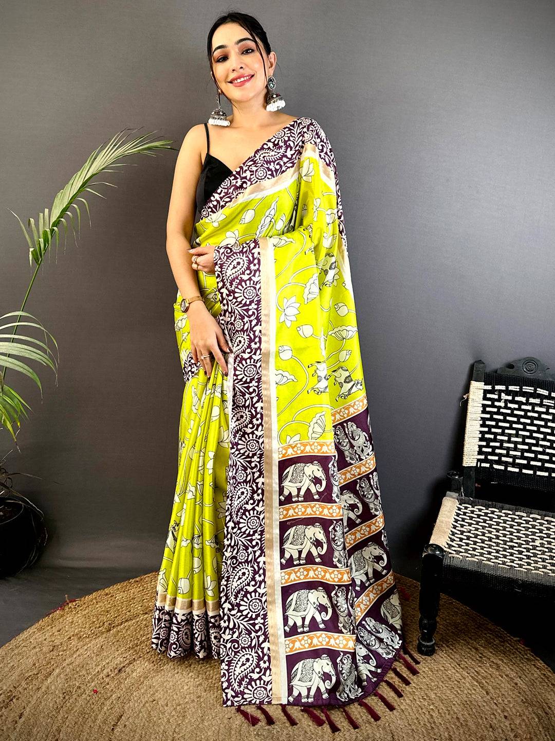 Neon Soft Chanderi Contrast Border Saree