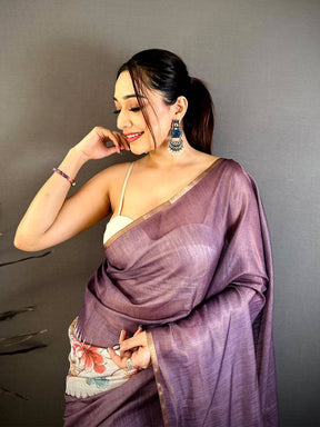 Purple Floral Ikat Linen Chanderi Saree