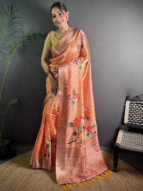 Peach Soft Organza Silk Floral Saree