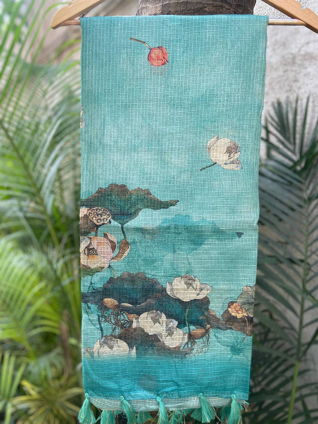 Turquoise Soft Kota Doriya Silk Saree With Flower Print