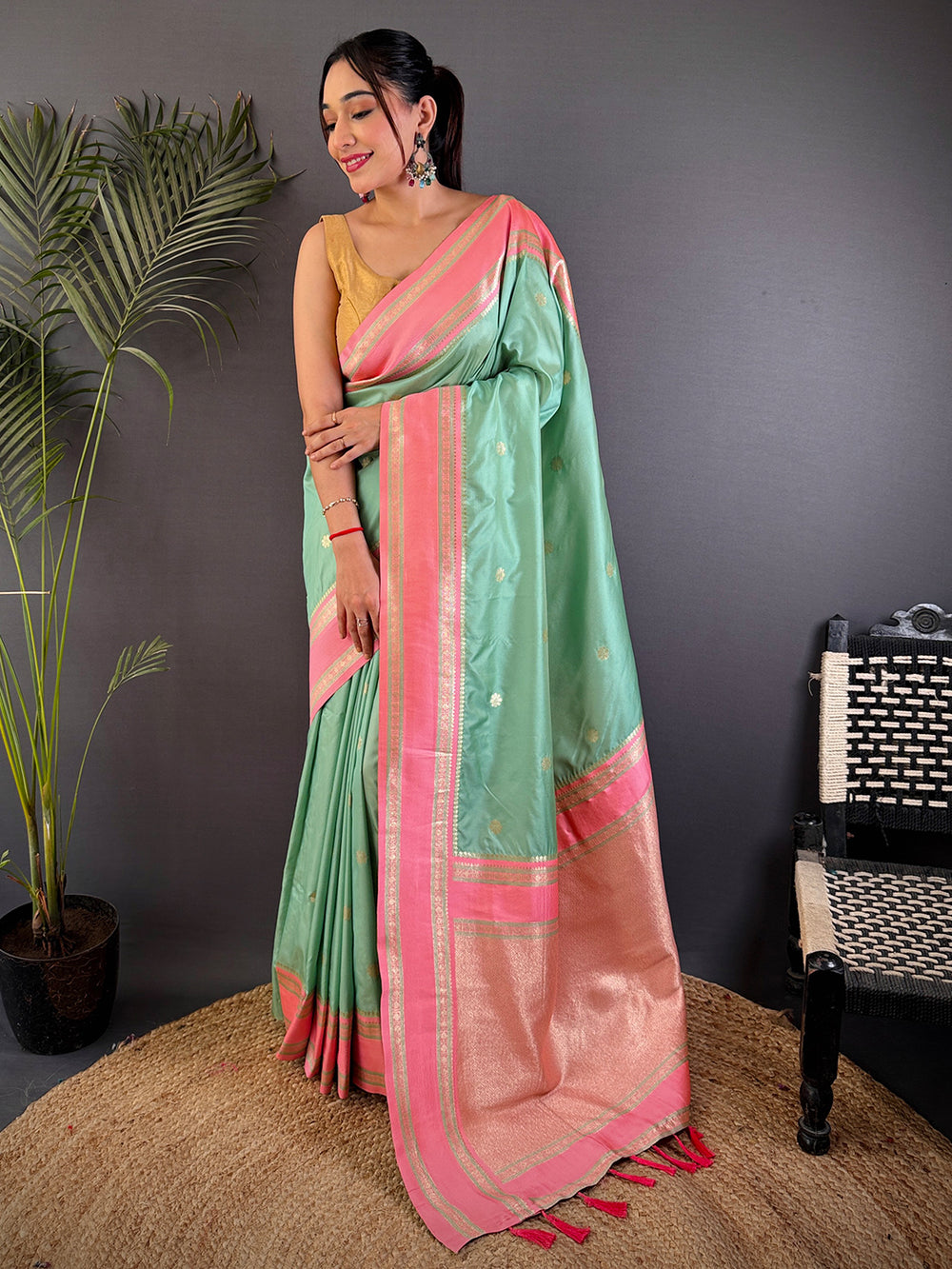 Pista Soft Silk Floral Butta Saree
