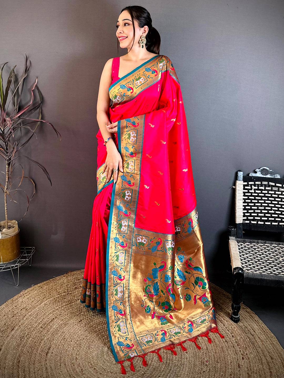 Rani Pink Minakari Tall Border Soft Silk Saree