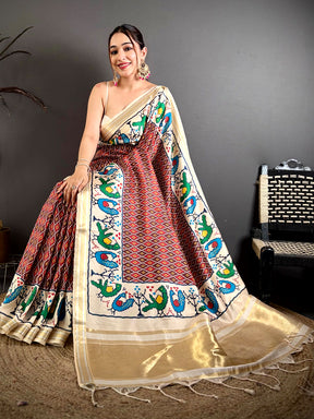Maroon Soft Kanchi Silk Ikkat Patola Saree