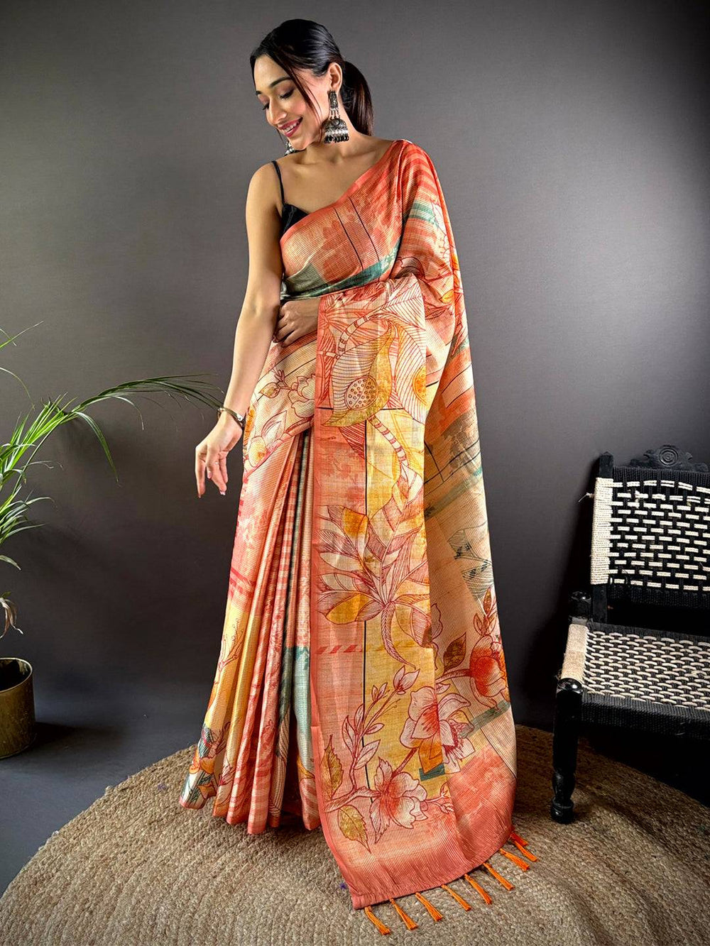 Orange Tussar Silk Lush Botanical Prints Saree