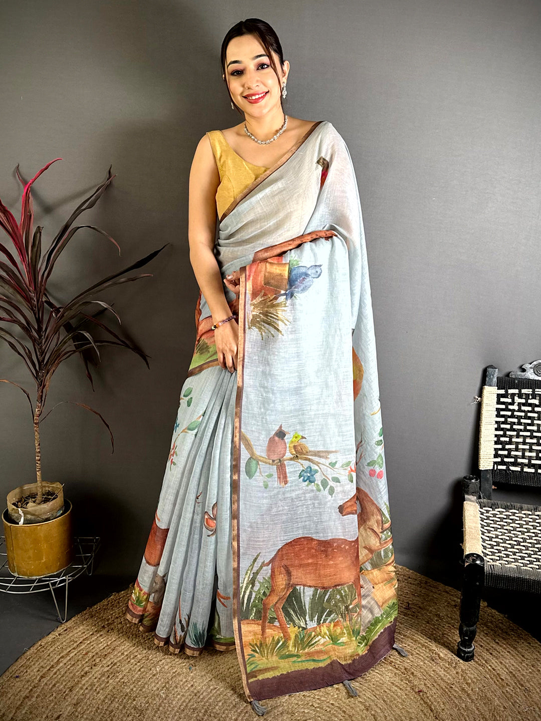 Grey Animal Print Linen Chanderi Saree