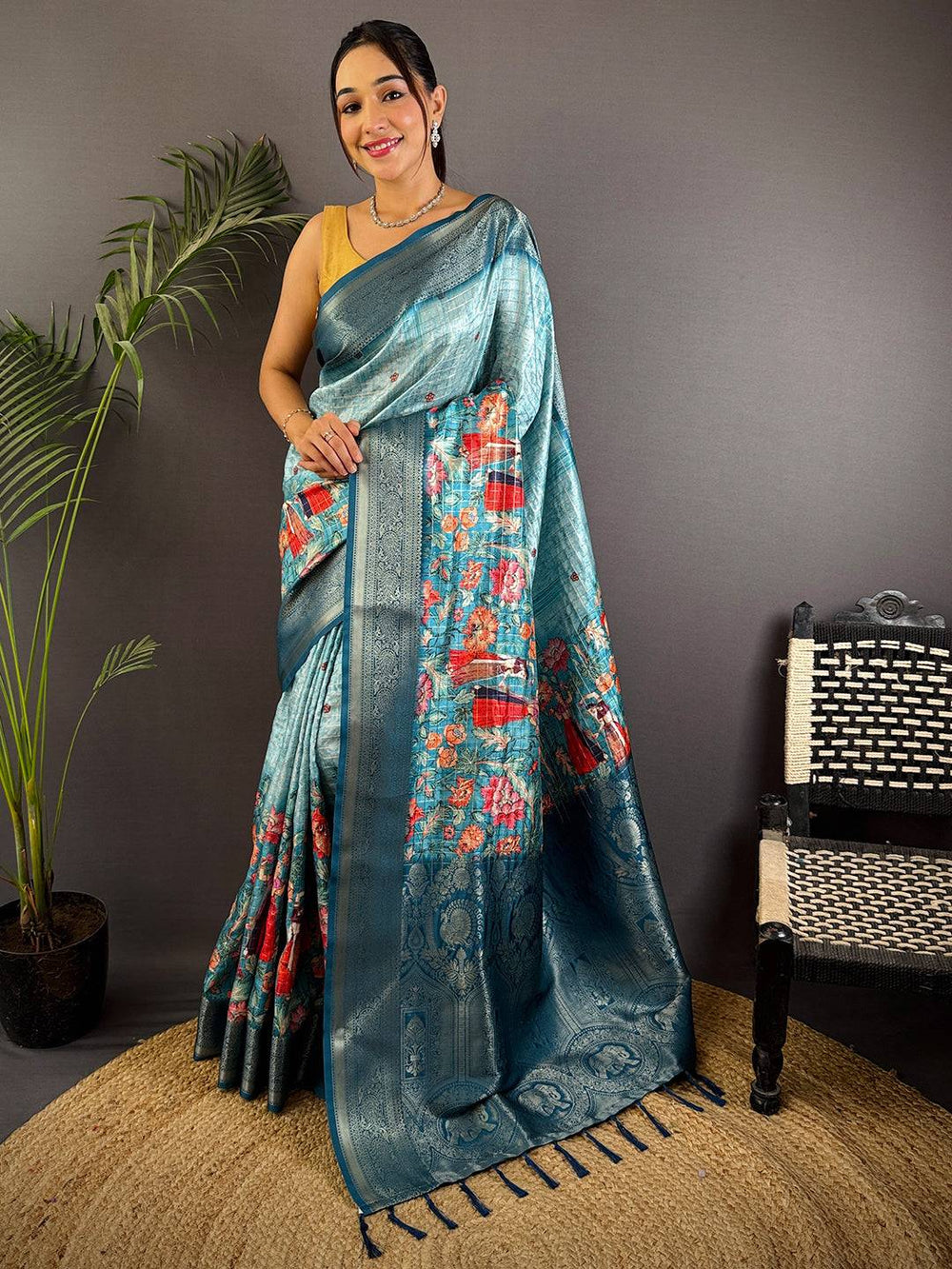 Denim Blue Banarasi Silk Digital Printed Saree