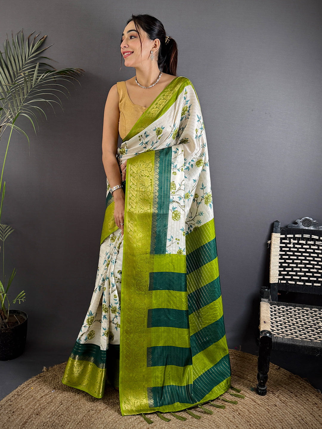 Green Soft Dola Silk Zari Katha Saree