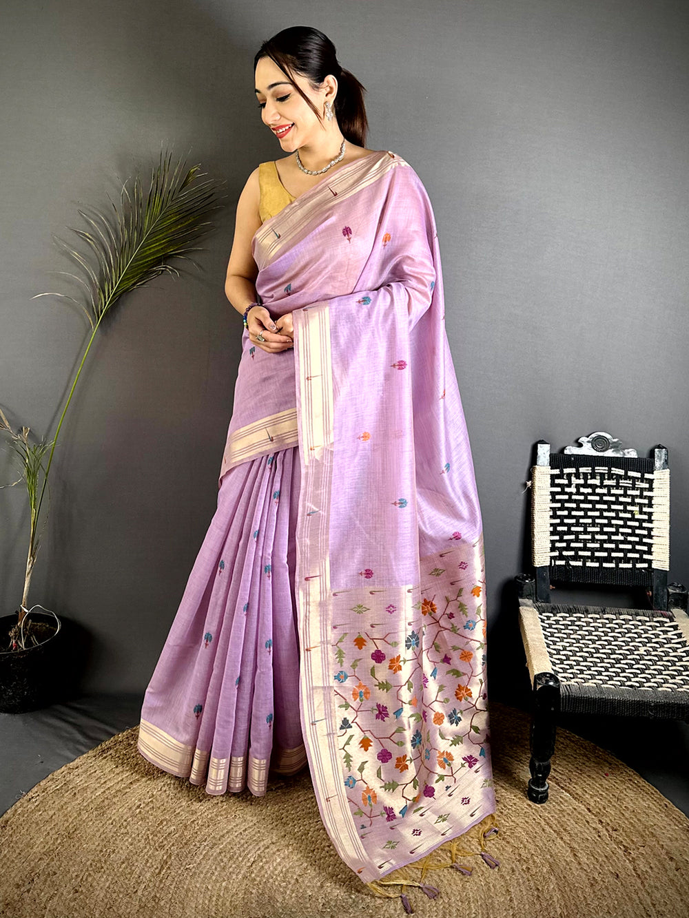 Lavender Geometric Patola Khadi Linen Saree