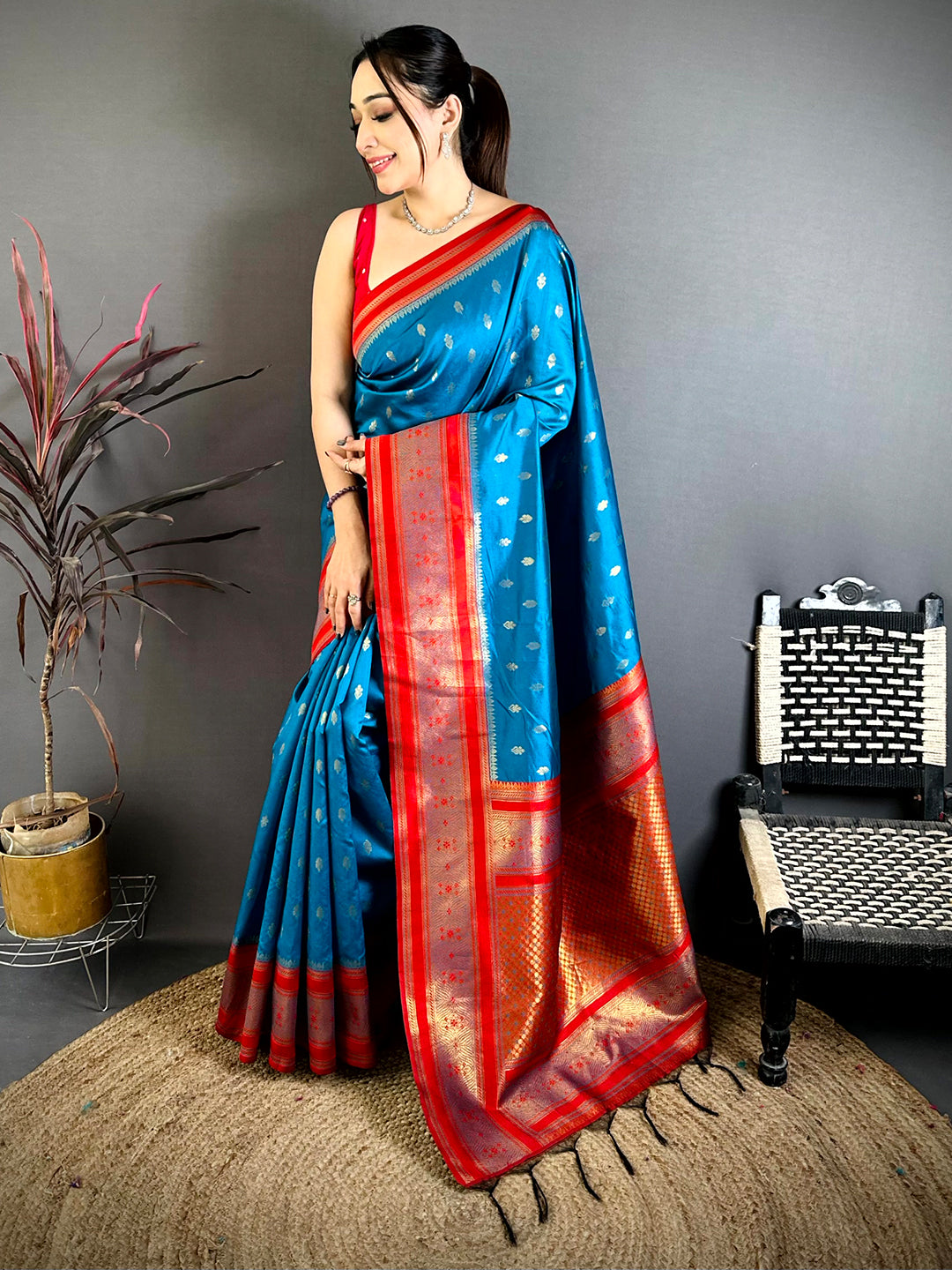 Royal Teal Banarasi Katan Silk Zari Saree With Maggam Blouse