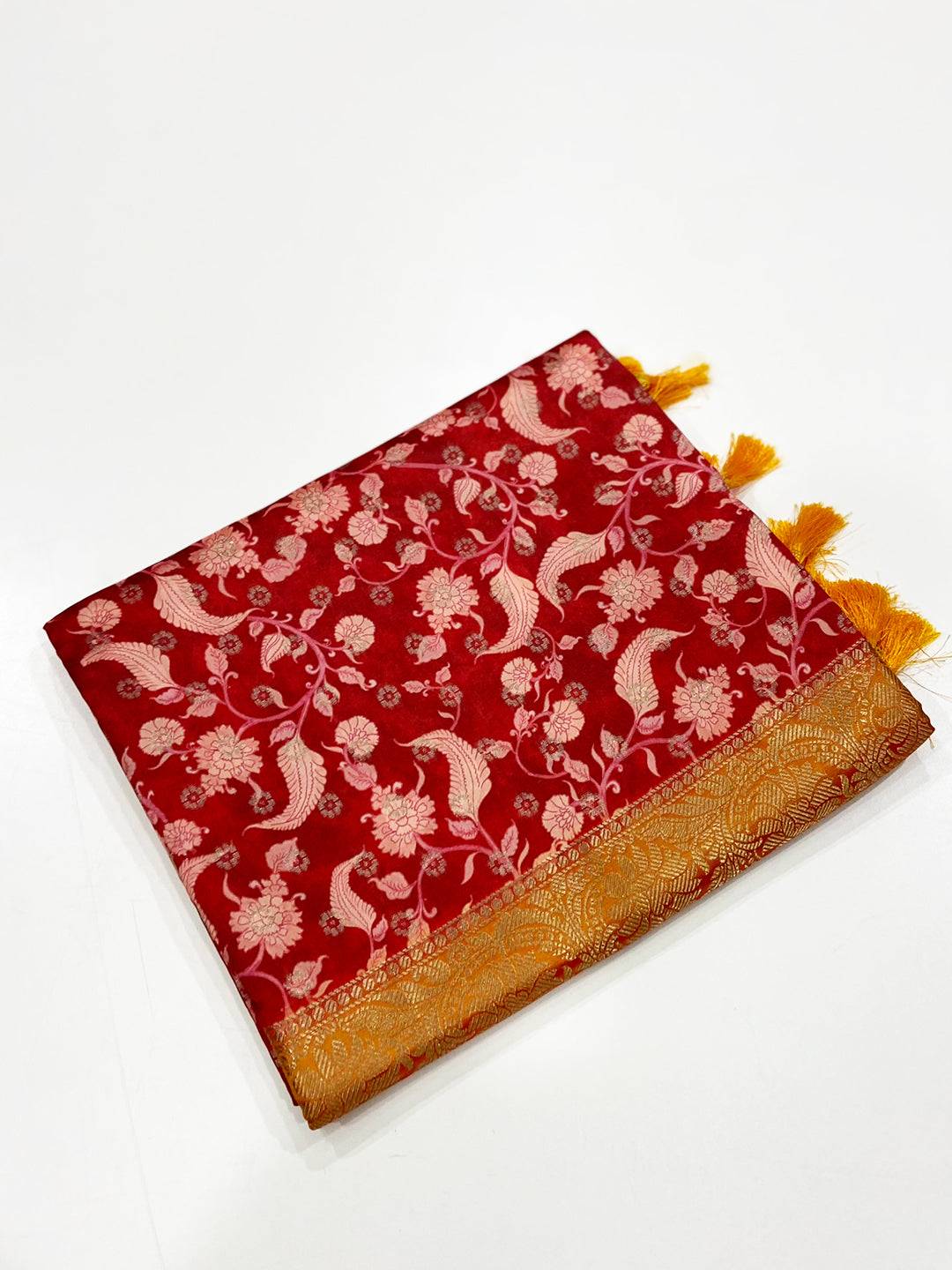 Red Floral Printed Banarasi Silk Saree