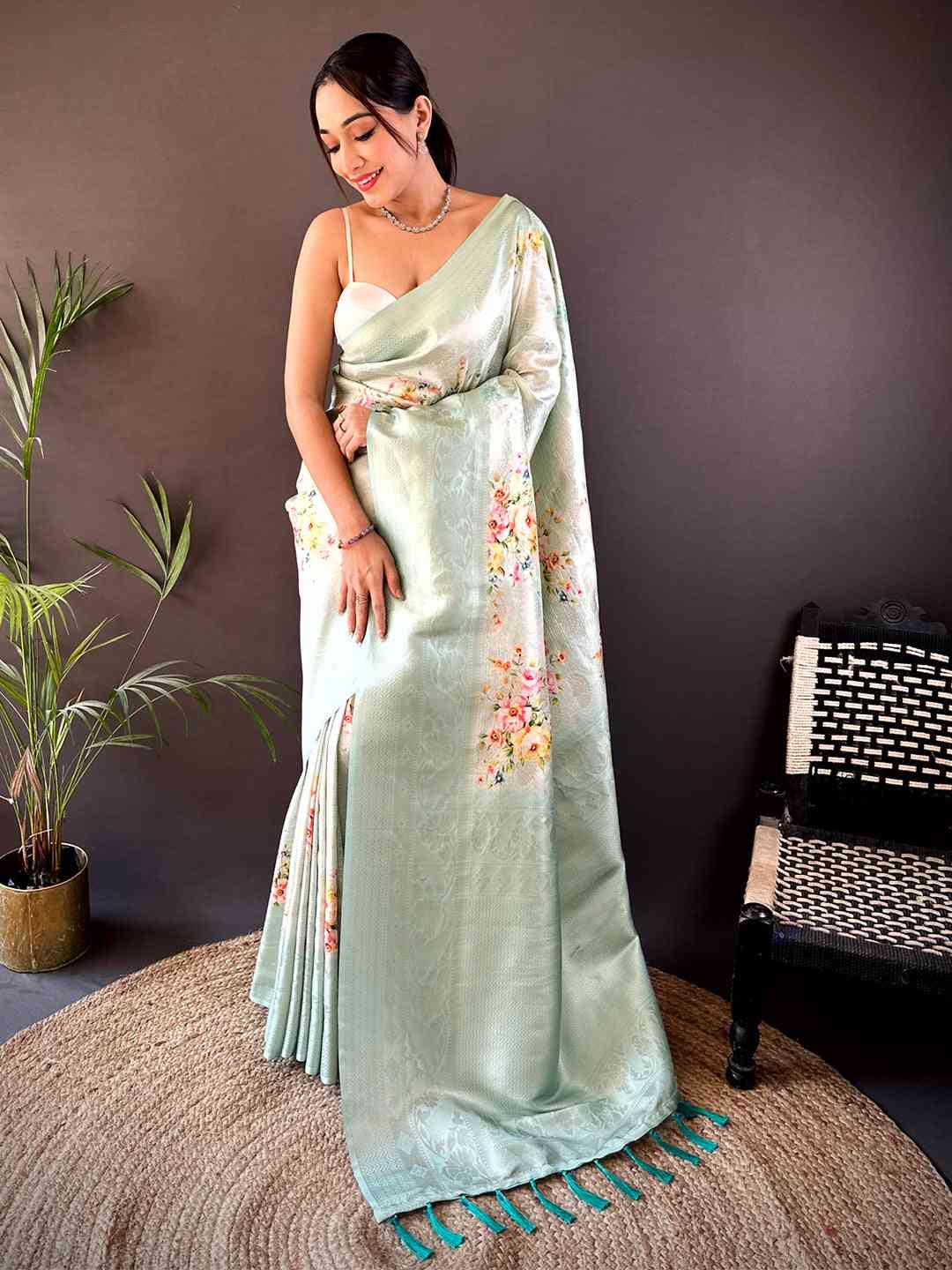 Ethereal Mint Kanjivaram Digital Silk Saree