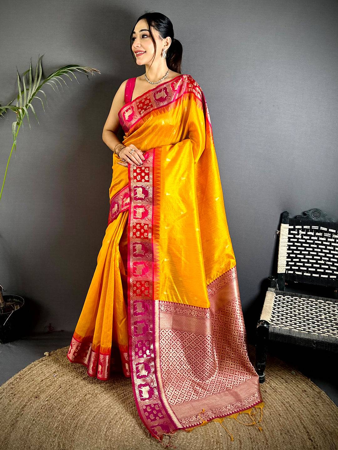 Yellow Minakari Kanchi Pattu Raw Silk Saree