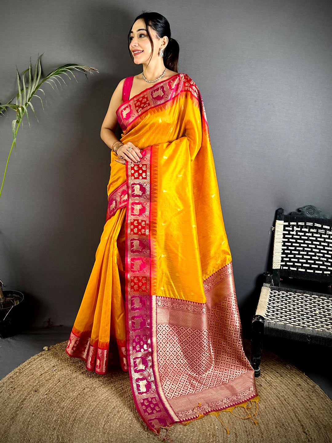 Yellow Minakari Kanchi Pattu Raw Silk Saree