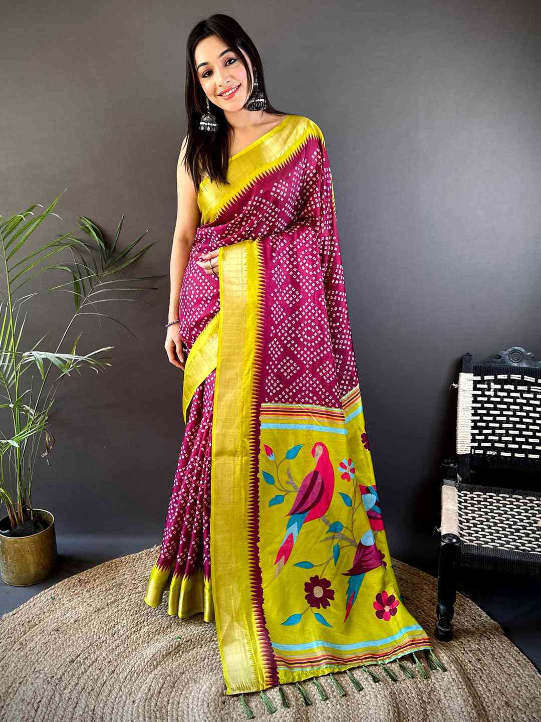 Pink Soft Manipuri Silk Bandhej Saree