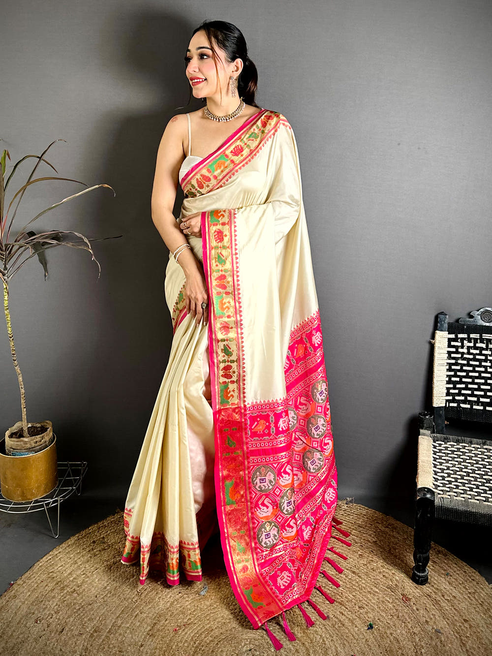 White Soft Silk Pochampally Ikkat Minakari Saree
