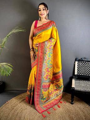 Yellow Kashmiri Art Soft Silk Saree