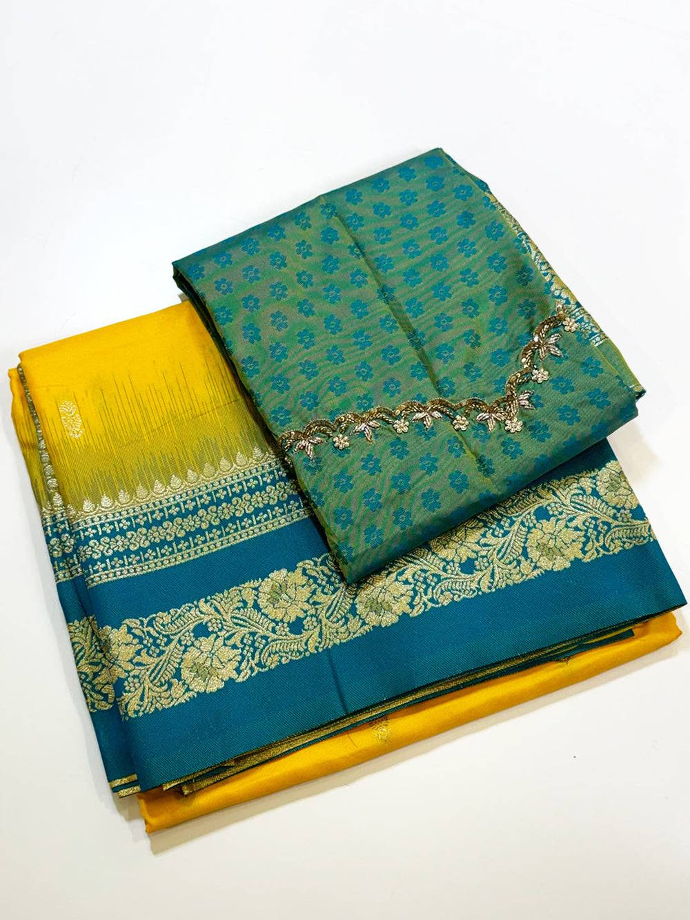 Gold Zari Woven Yellow Soft Silk Saree With Maggam Blouse