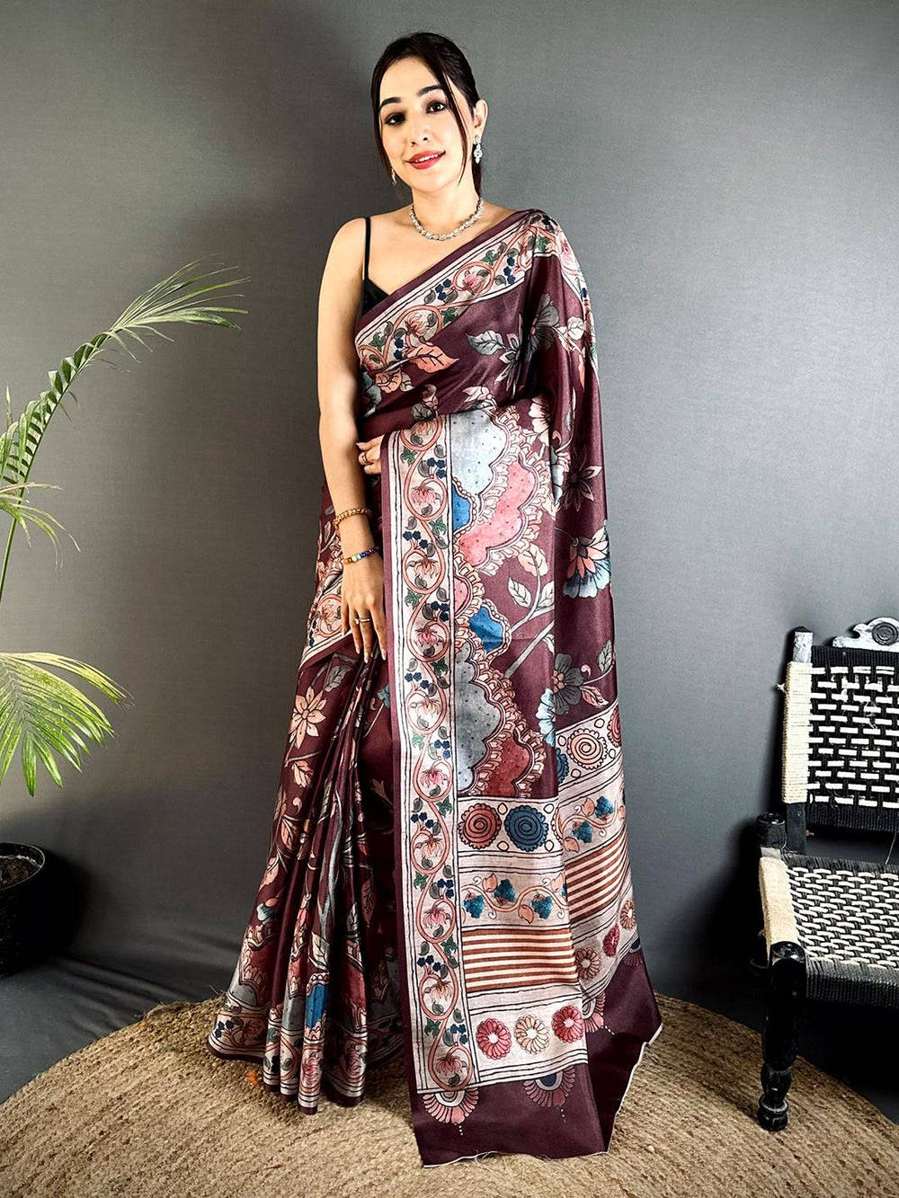 Regal Dark Floral Soft Tussar Saree


