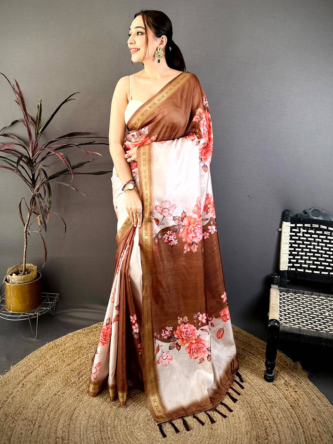 Brown Soft Silk Floral Lehriya Print Saree