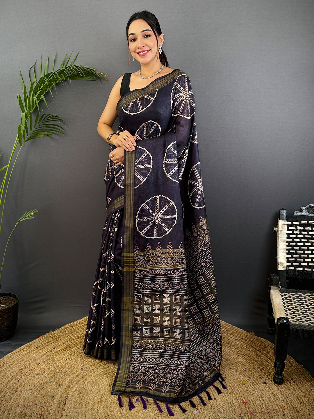 Black Linen Ajarak Print Saree