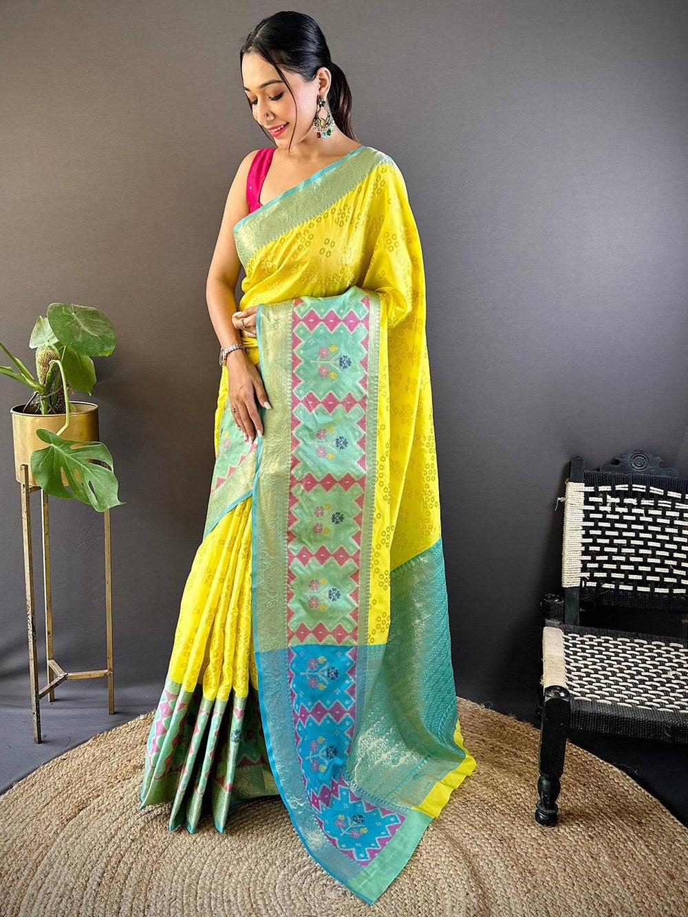 Lime Yellow Katan Silk Ikkat Saree