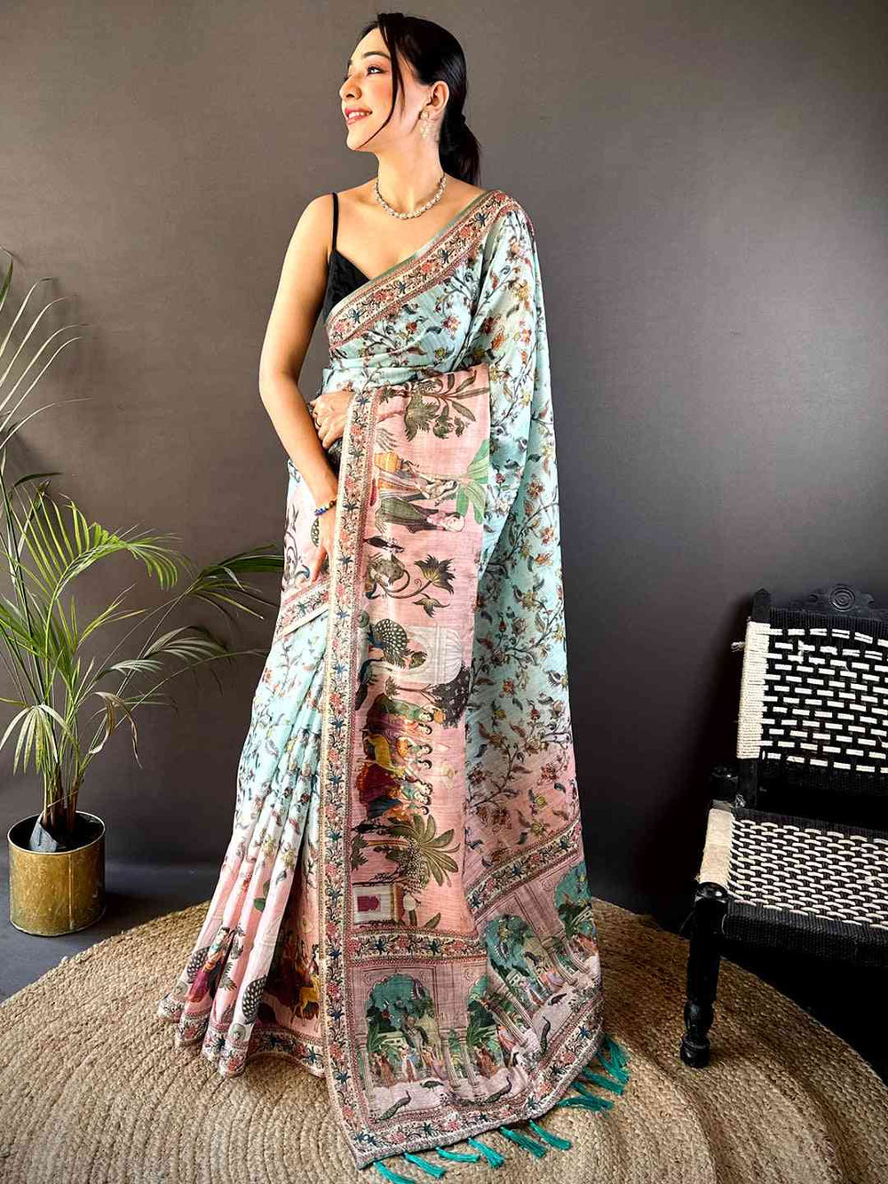 Light Blue Tussar Pashmina Kalamkari Saree