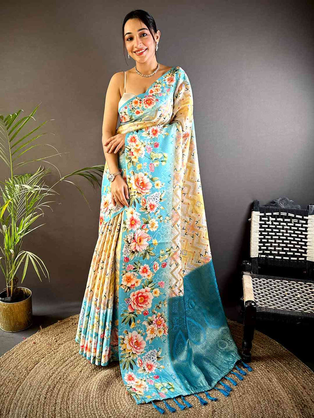 Sky Blue Zari Zigzag Kota Doriya Saree