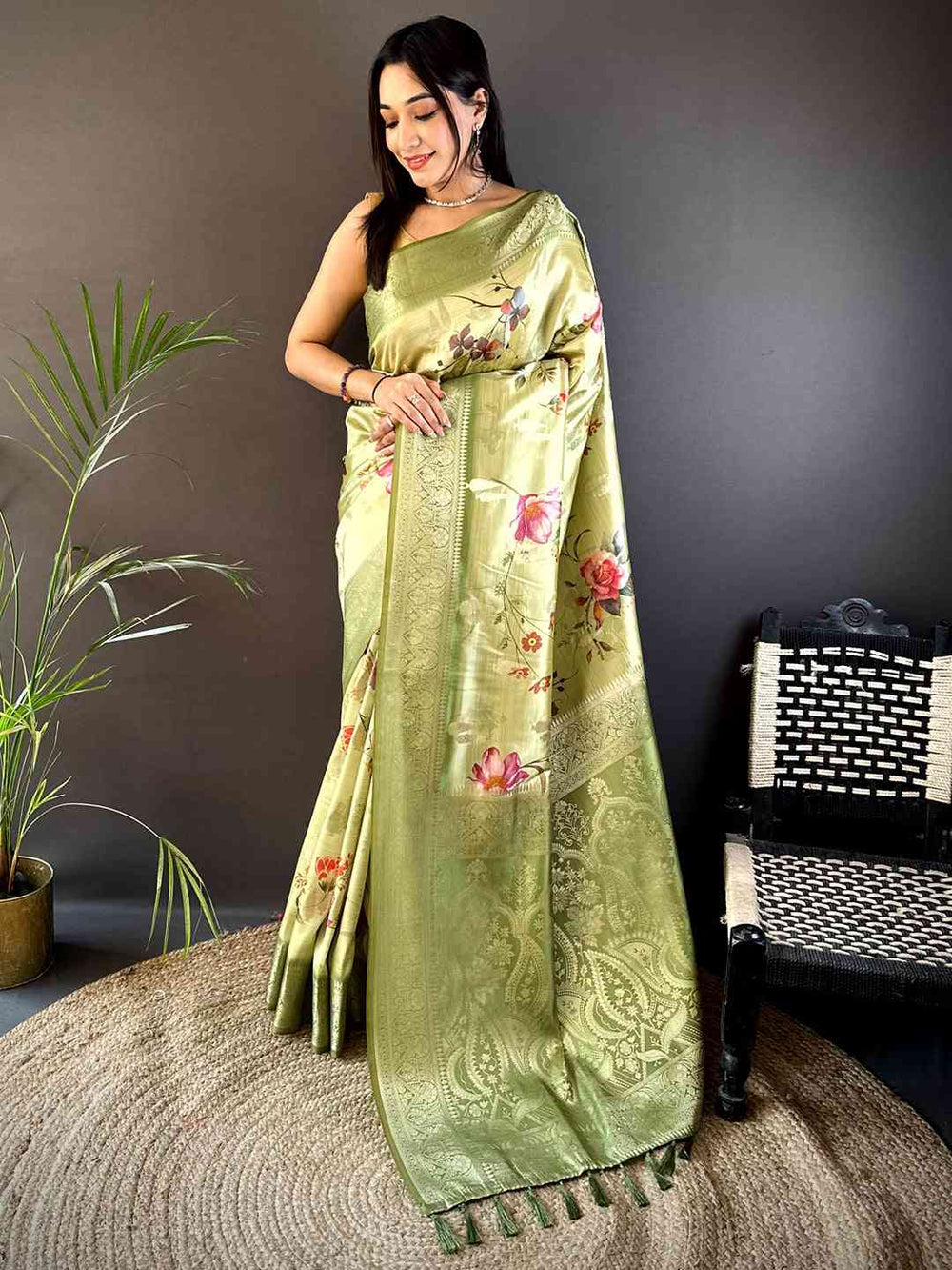 Olive Bamboo Silk Floral Saree