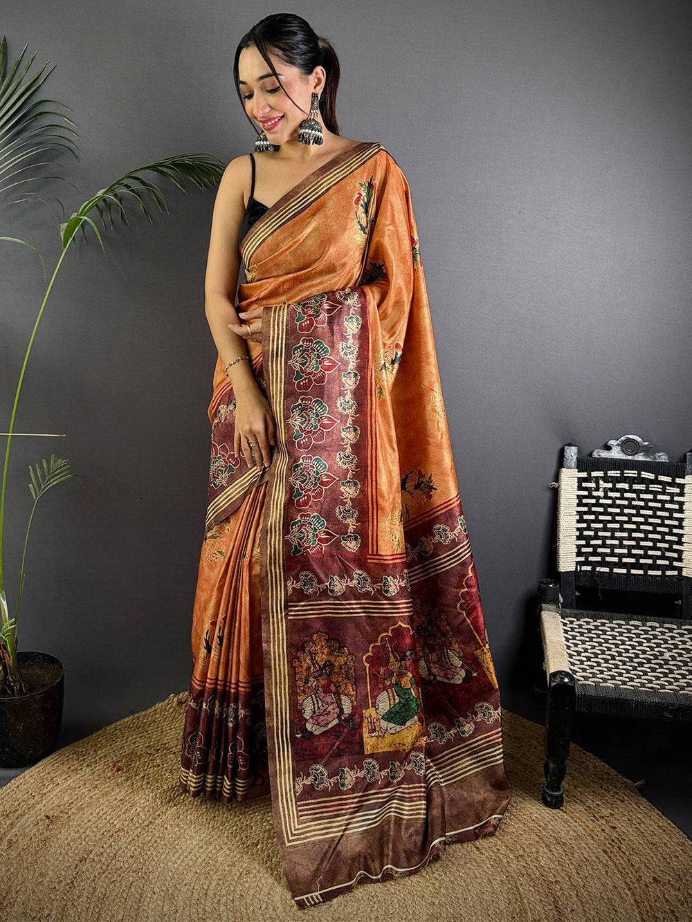 Rust Soft Dola Silk Printed Saree