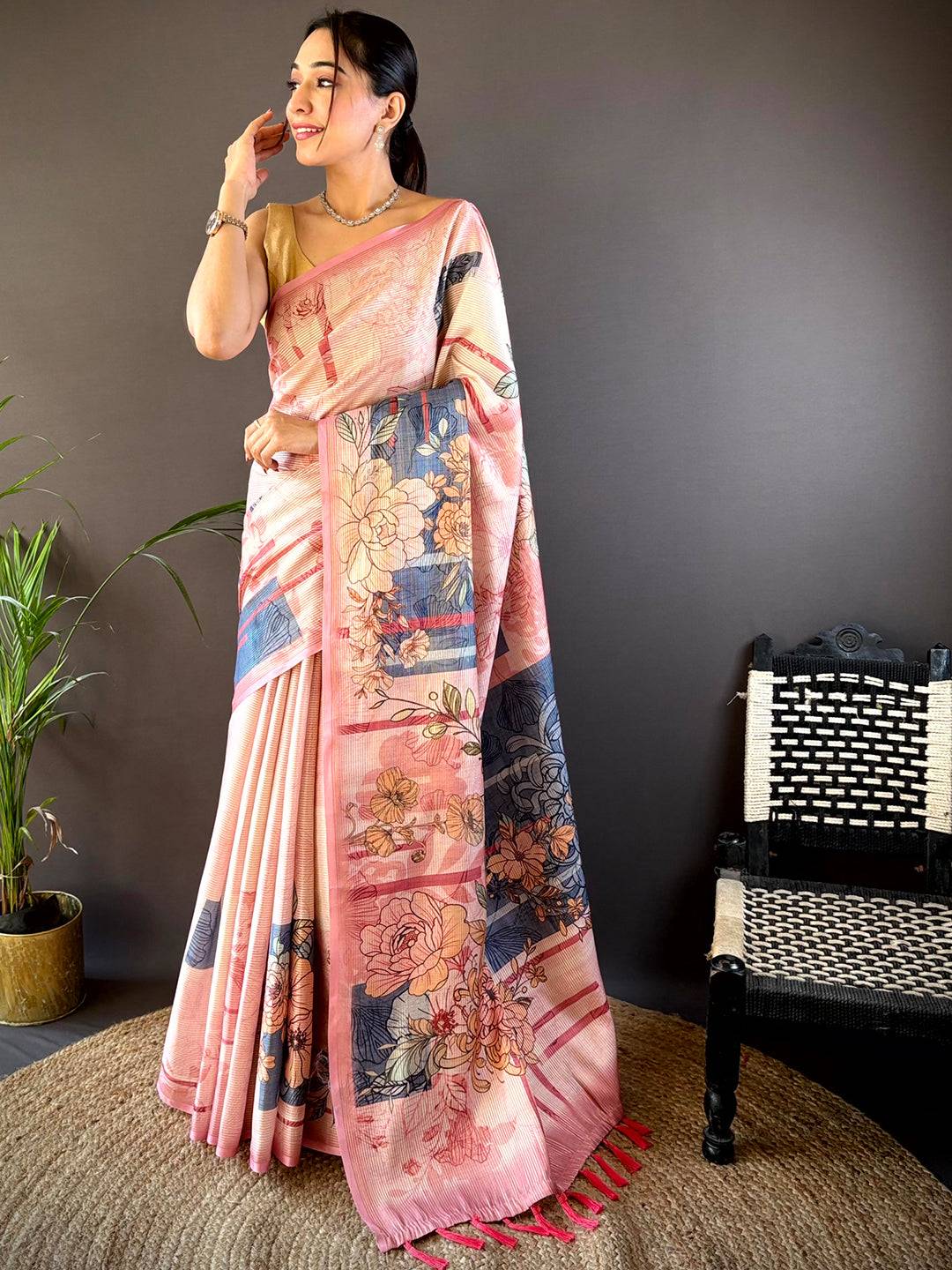Rose Pink Tussar Floral Saree