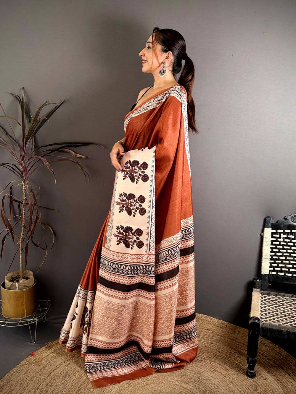 Rust Block Panel Stripe Tussar Saree