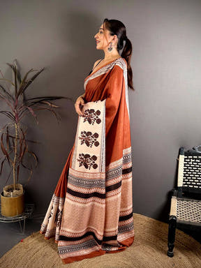 Rust Block Panel Stripe Tussar Saree