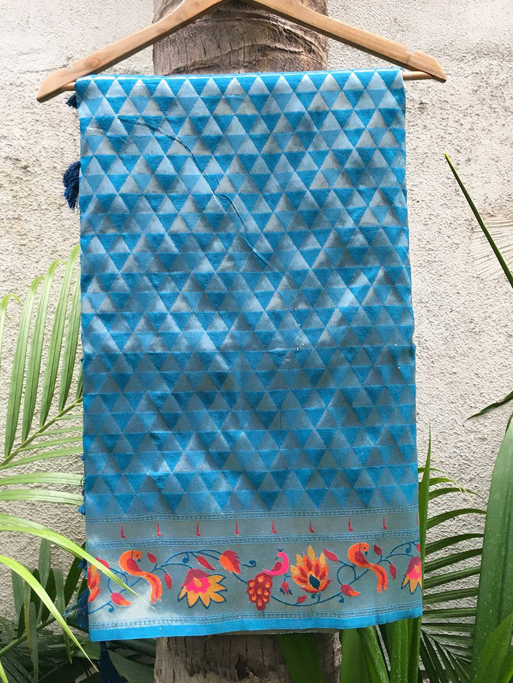 Blue Silk Blend Woven Zari Work Paithani Saree with floral border