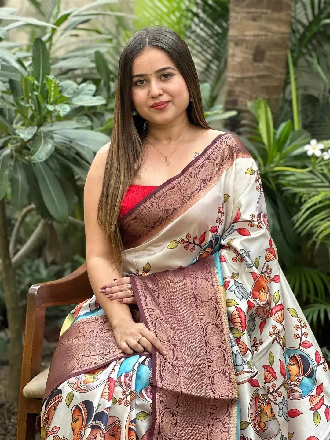 Elegant Kalamkari Saree showcasing intricate digital patterns