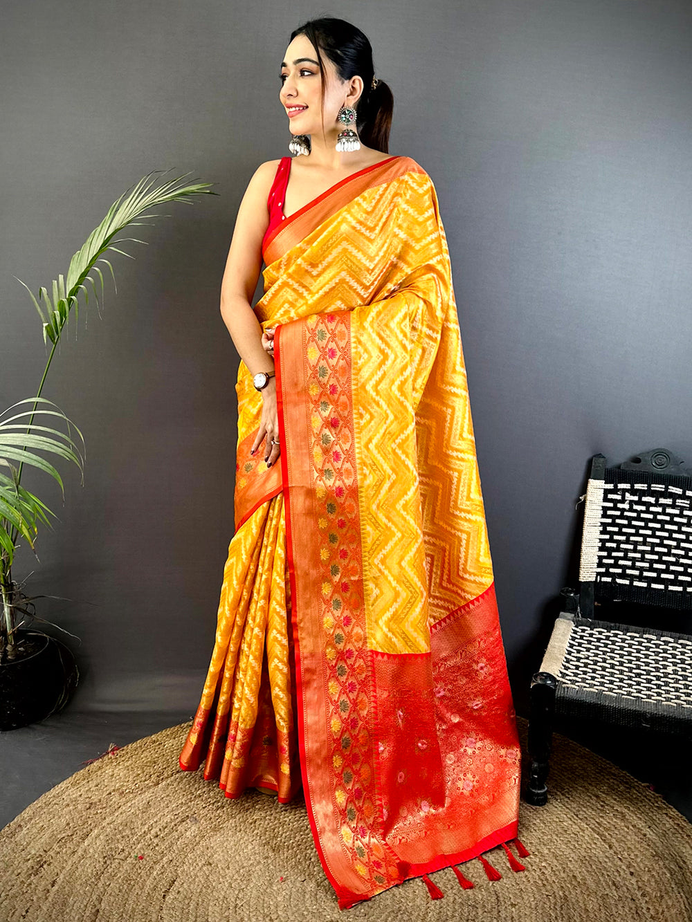 Yellow Banarasi Zic Zac Katan Silk Saree