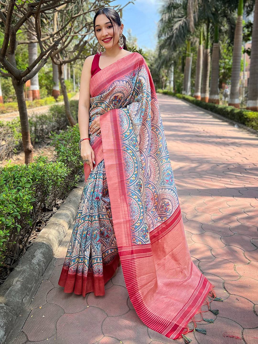 Slub Tussar Silk Madhubani Kalamkari Block Print Saree worn outdoors