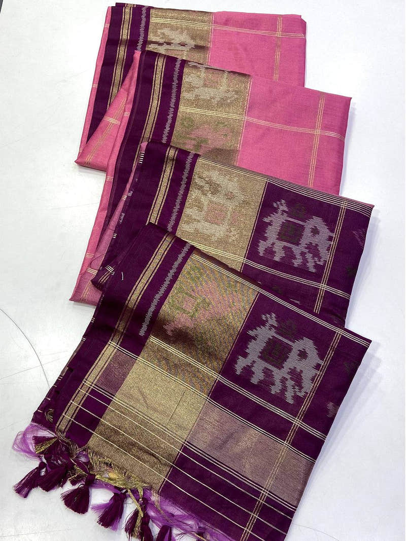 Pink Double Ikat Tussar Silk Saree