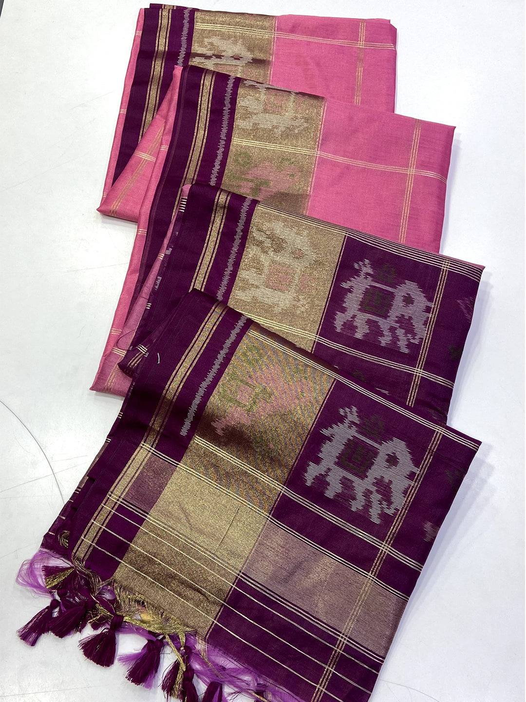 Pink Double Ikat Tussar Silk Saree