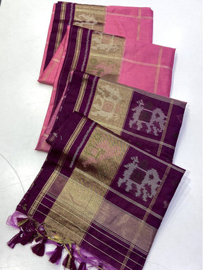 Pink Double Ikat Tussar Silk Saree