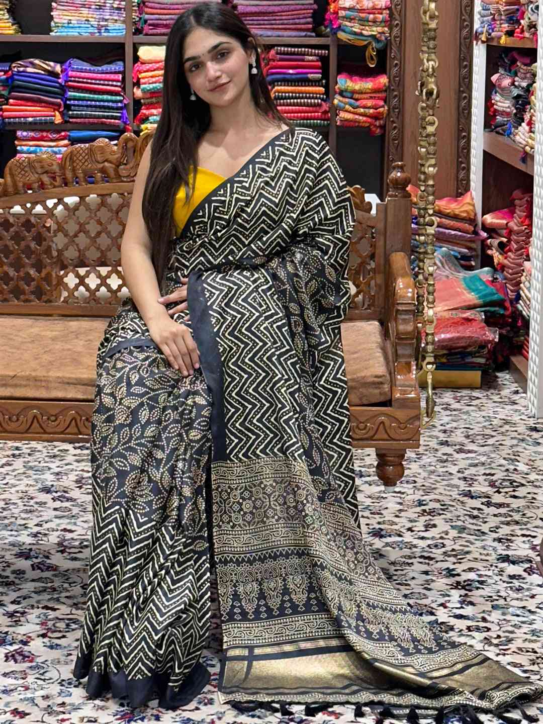 Black Manipuri Silk Saree with Foil Print, worn by model