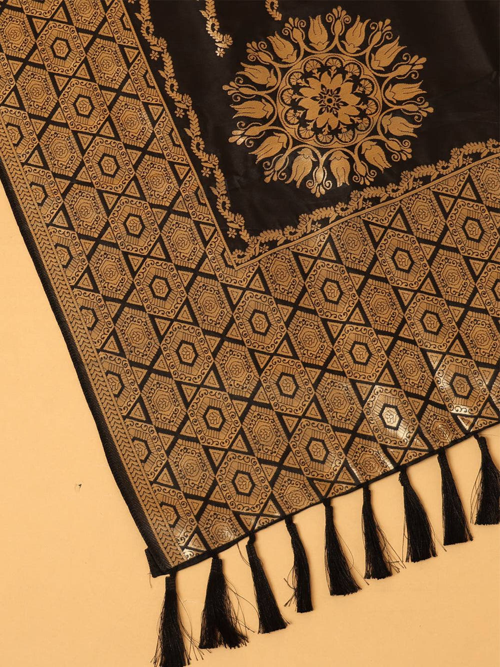 Close-up of silk blend black dupatta with floral design