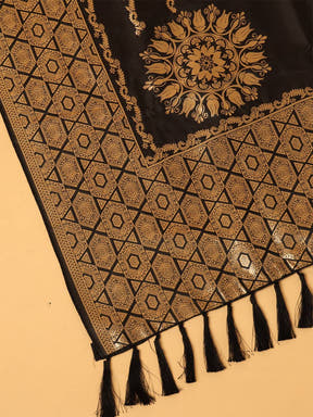 Close-up of silk blend black dupatta with floral design