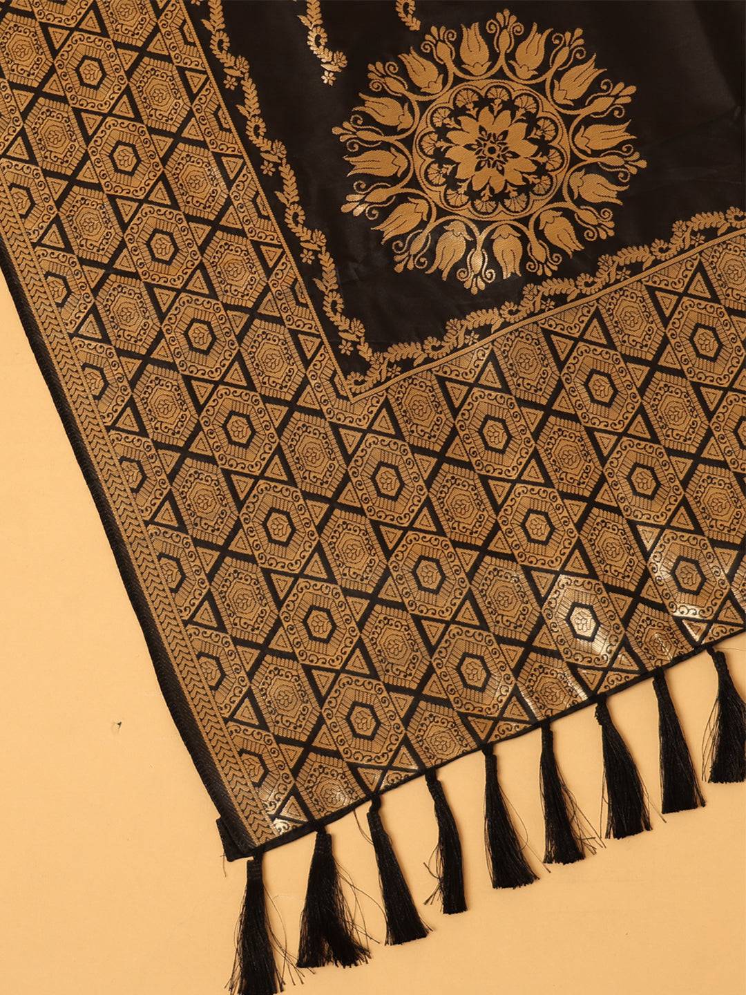 Close-up of silk blend black dupatta with floral design